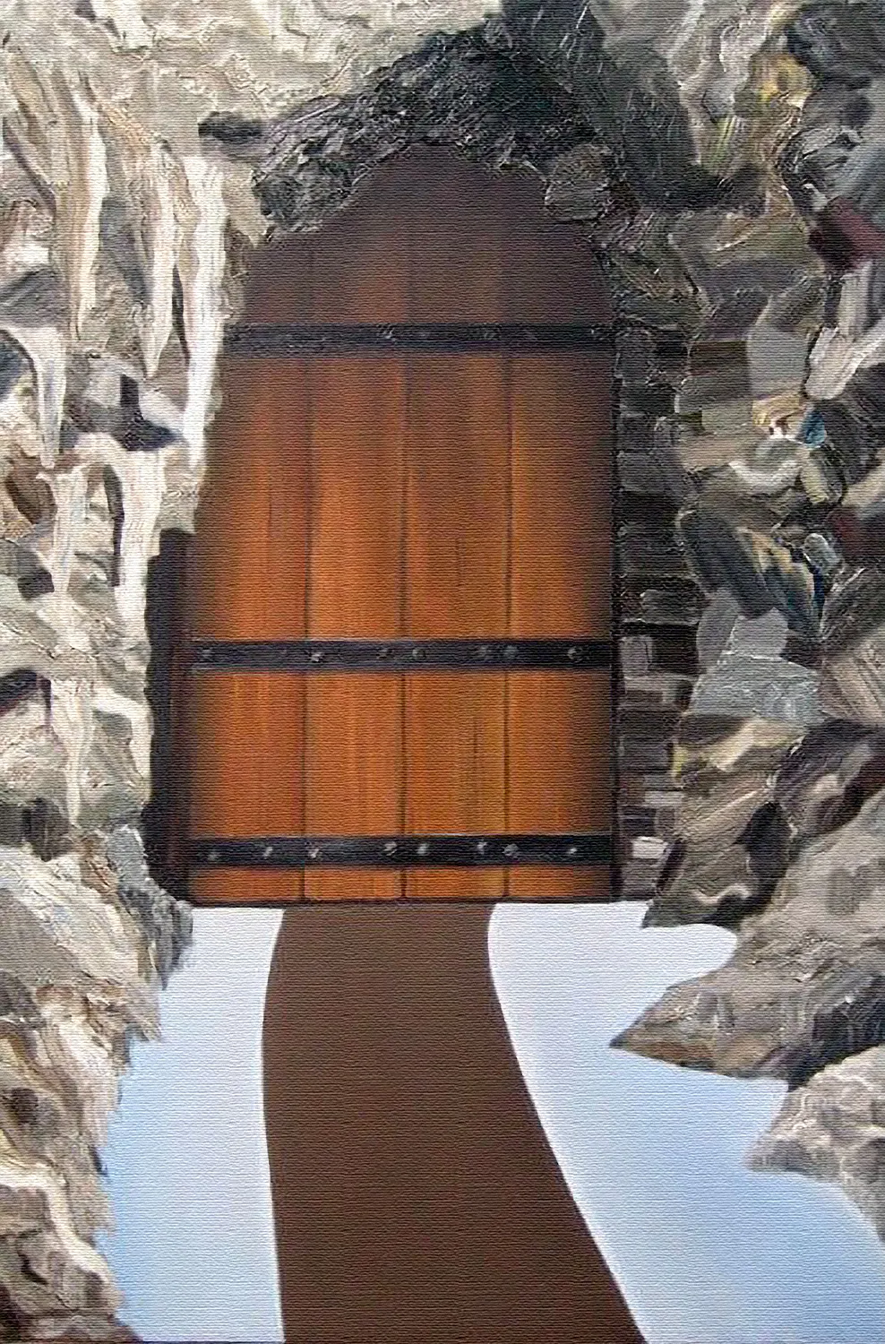 Regarding My Wayward Ways, 2009, oil painting of a wooden door set in rock
